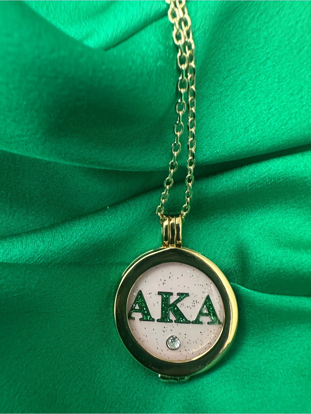 AKA  Alpha Kappa Alpha - Gold-Tone Pendant Necklace with Pink and Green Accent